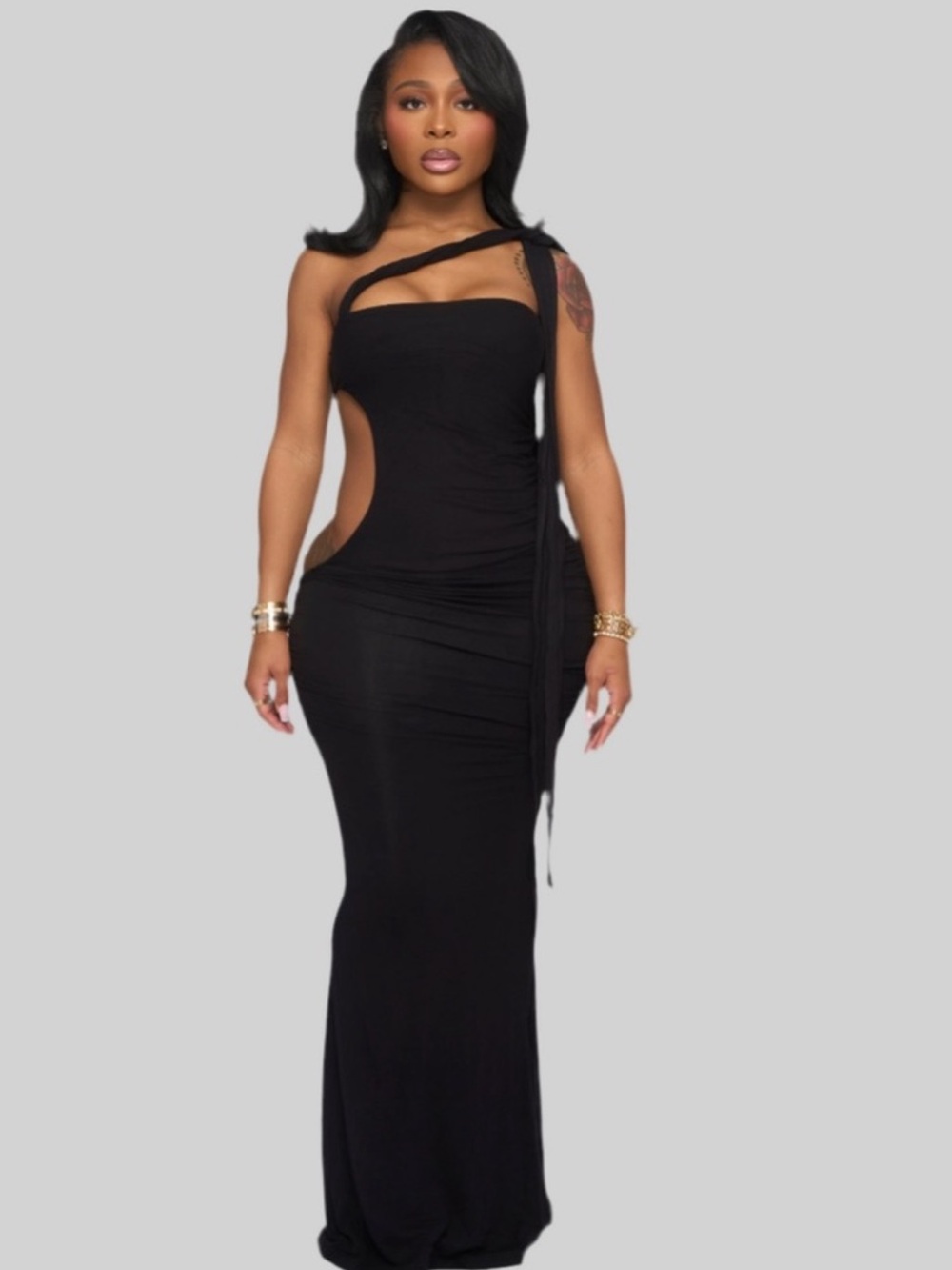 One-Shoulder Black Cutout Maxi Dress